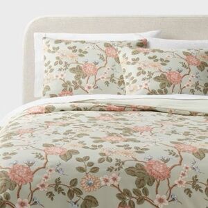 New Threshold KING Whimsical Floral Print Duvet & 2 PC Sham Set Cotton Sateen